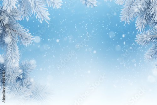 Winter background with fir tree branches and snow, copy space. AI