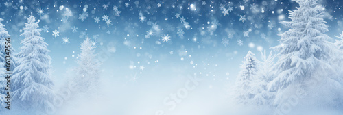 Winter panoramic banner background with snow-covered fir branches and snowfall flakes generative AI