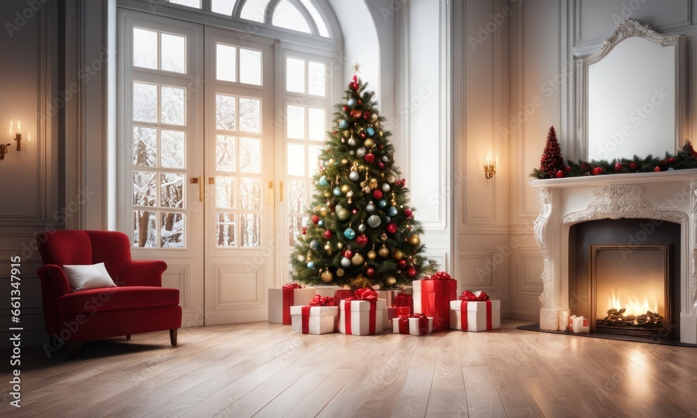 Big beautiful christmas tree decorated with beautiful shiny baubles and many different presents on wooden floor. White wall background with a lot of copy space for text. Close, Generative AI