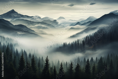 Mountain landscape with fog. Beautiful landscape