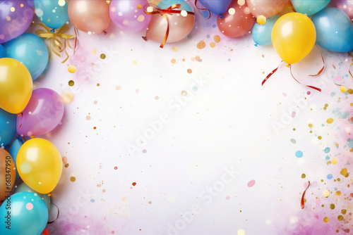 Festival, carnival or birthday party frame with balloons, streamers and confetti
