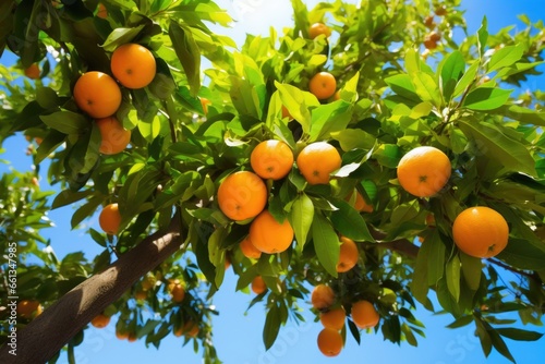 an orange tree with ripe oranges hanging from its branches