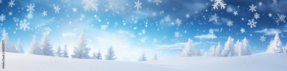 blue Christmas tree balls in front of snowy landscape with trees and blue sky. AI Generative