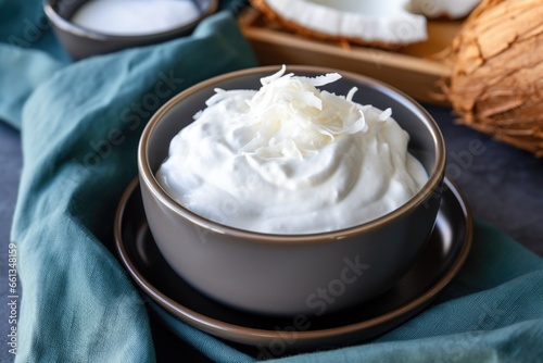 coconut yogurt with shredded coconut on top in a bowl