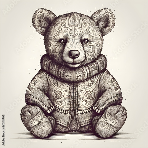 teddy bear in black and white ornamented mandala drawings