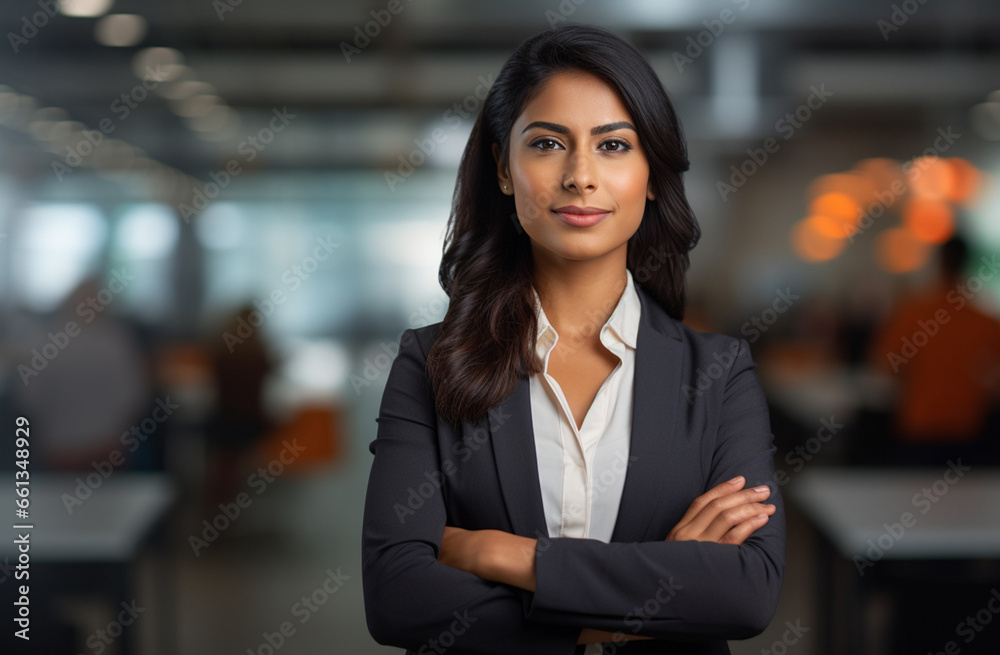 A self-assured Indian businesswoman, adorned in an elegant suit, graces a contemporary office space with her radiant smile.
