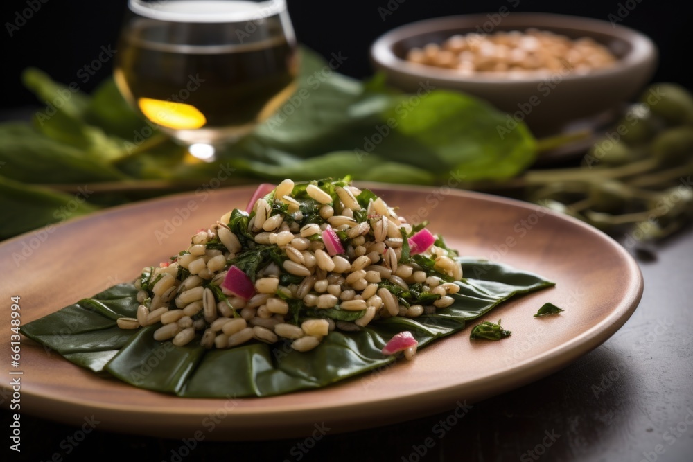 farro salad served on a leaf-shaped ceramic plate farro salad served on a leaf-shaped ceramic plate