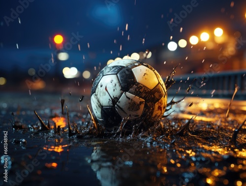 Soccer ball with water drops on dark background. Soccer ball with splashes of water.