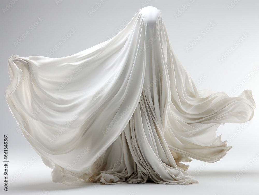 3d rendering of a shawl isolated on gray studio background. A ghost dressed in a white sheet poses in the studio.
3d rendering of a shawl isolated on gray studio background. A ghost dressed in a white sheet poses in the studio.