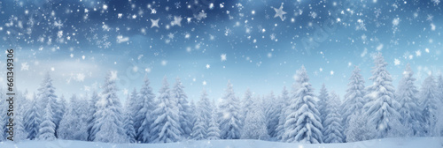Winter panoramic banner background with snow-covered fir branches and snowfall flakes generative AI © Alex