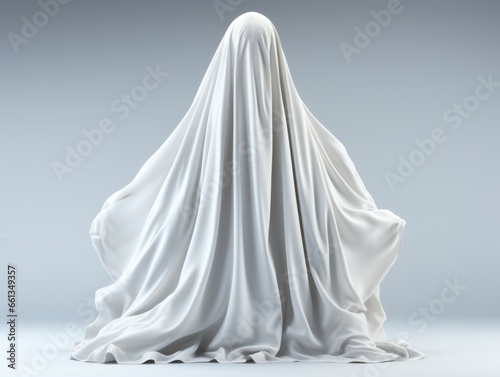 3d rendering of a shawl isolated on gray studio background. A ghost dressed in a white sheet poses in the studio.