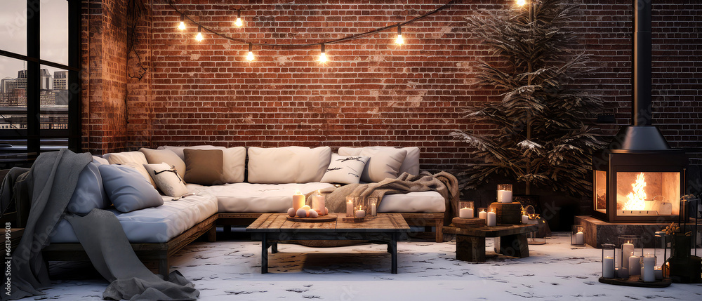 Obraz premium Fall, autumn patio of suburban house. Luxury exterior design scene. Villa Backyard terrace in the sunny day with couches and lounge chairs. Vacation, relax, wellness spa resort, hotel. Generative ai
