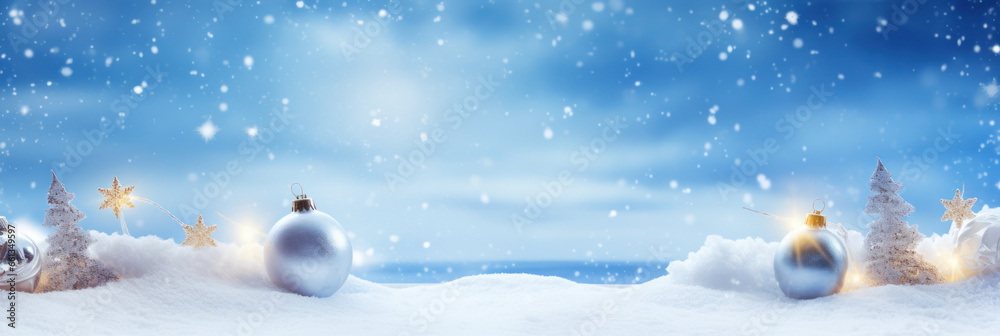 blue Christmas tree balls in front of snowy landscape with trees and blue sky. AI Generative blue Christmas tree balls in front of snowy landscape with trees and blue sky. AI Generative