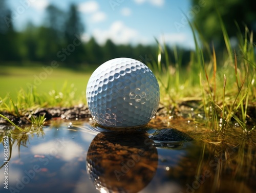 Golf ball on green grass in the forest. Focus on golf ball. Golf ball on green grass in sunny day. Close-up. 