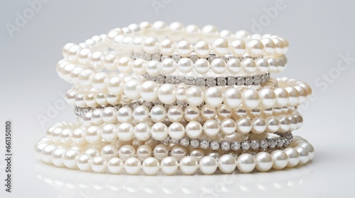 Stack of pearl bracelets on white background. White pearls of different sizes with diamond accents. Gold and silver bands. Perfect for themes of elegance, luxury and beauty.
