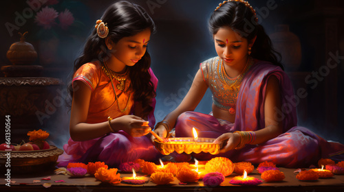 Indian little girls sitting surrounded by Diwali Clay Diya lamps candles lit during Dipavali, Hindu festival of lights celebration