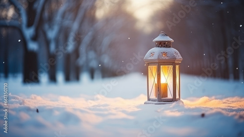 Christmas Lantern in snow with winter forest background. Ai Generative © Alex