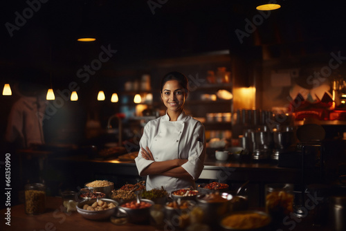 Young and confident female chef in uniform.