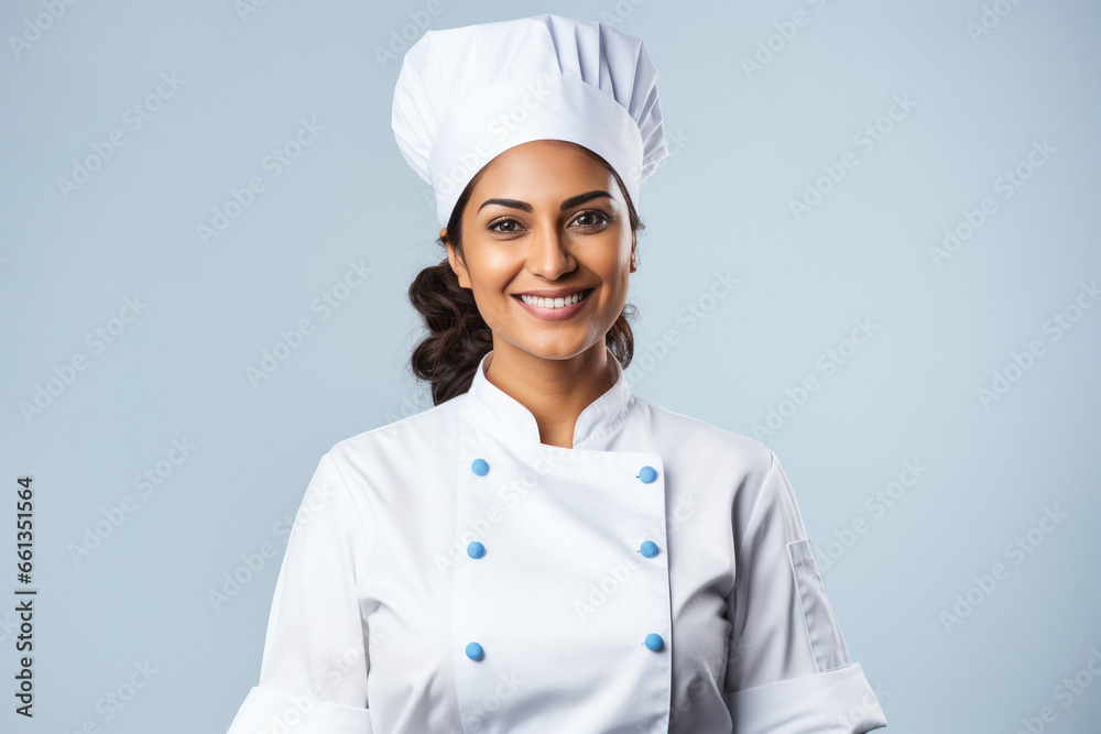 Young and confident female chef in uniform.