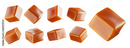 Set of delicious caramel candies. Isolated on background. Clipping path. 3d illustration