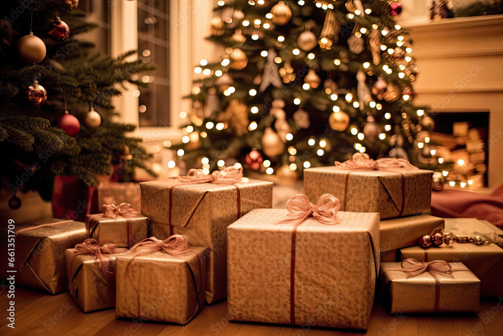 Stack of gift boxes in front of Christmas tree Stack of gift boxes in front of Christmas tree