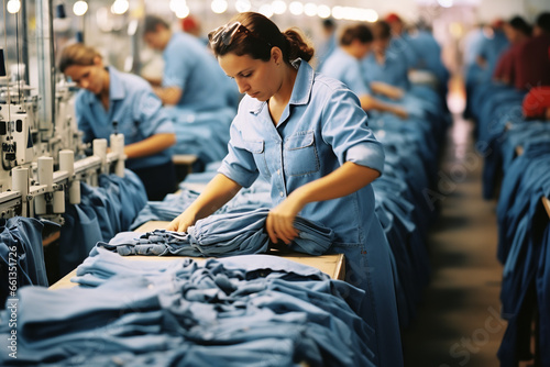 Workers in a denim factory handling large rolls of fabric, giving insight into the production process of jeans