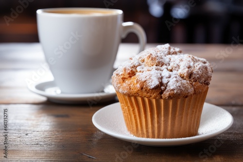 a muffin next to a hot coffee cup
