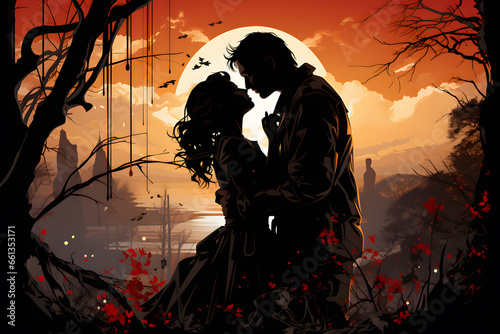 Silhouettes of two person kissing with sun and clouds in background ai generated art. 