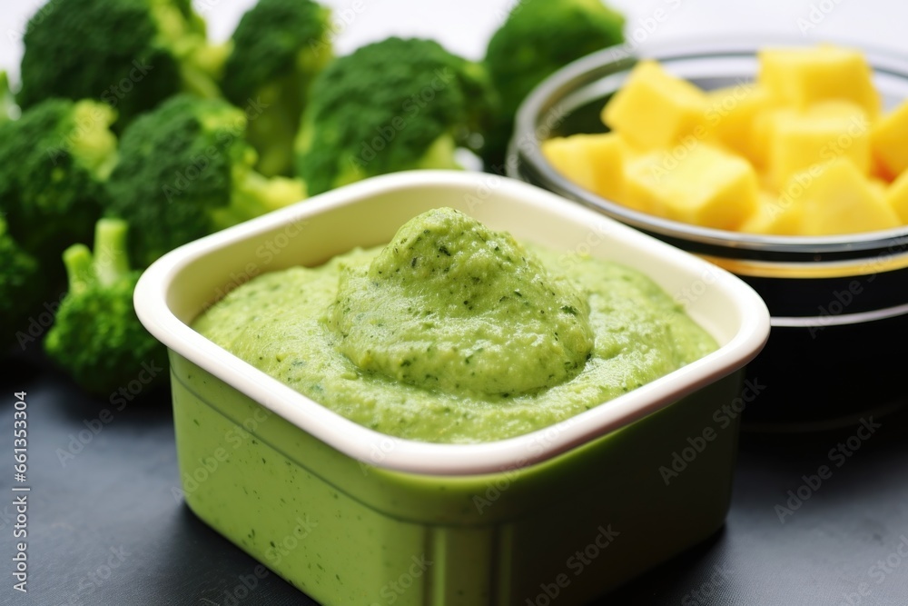 close view of broccoli and potato puree in a container close view of broccoli and potato puree in a container