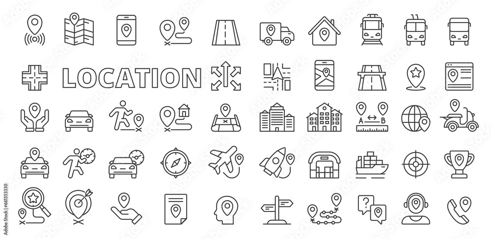 Location icons in line design. Map, destination, place, navigation, point, GPS, distance, destination, navigation, road, way, transport, waypoint, icons isolated on white background vector.