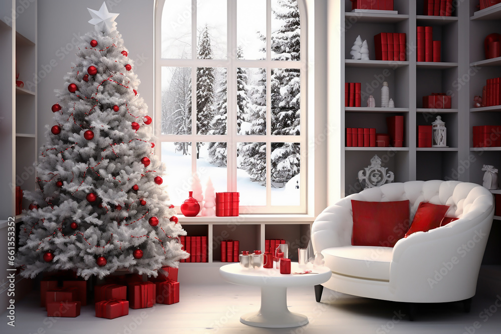 Interior christmas design in living room with Christmas tree decoration, generative ai