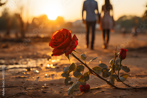 Rose laying on ground with cople holding their hands in backdrop ai generated art. photo