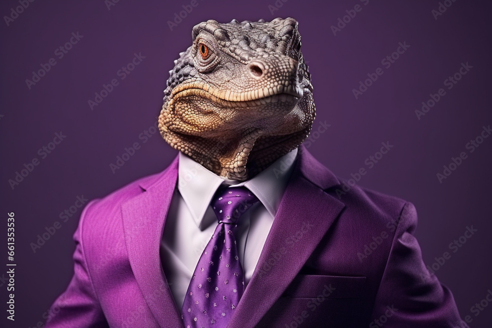 lizard in a suit on a purple background. generative ai lizard in a suit on a purple background. generative ai