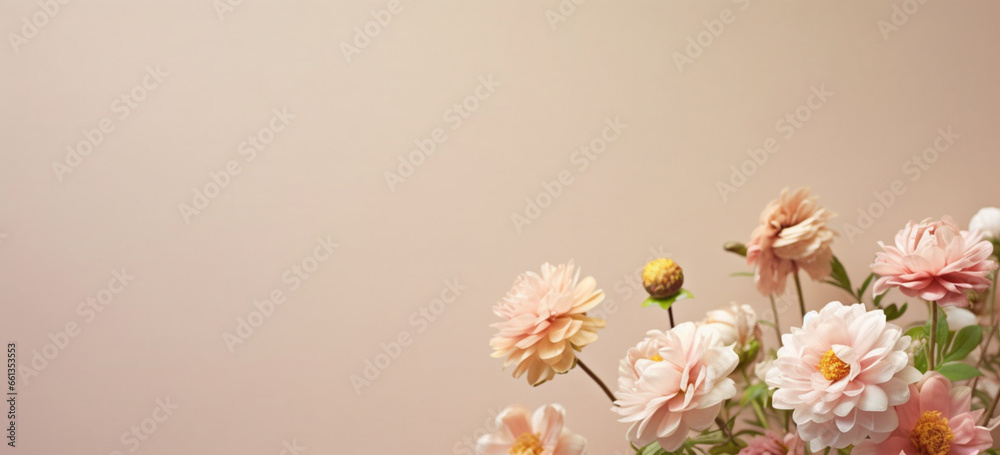 Fresh easter flowers on beige background, Beautiful fresh garden flowers with space for text