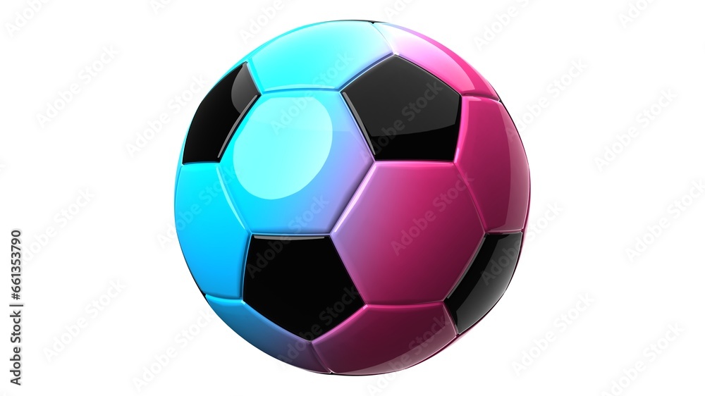 Blue and pink soccer ball on white background.
3d illustration.