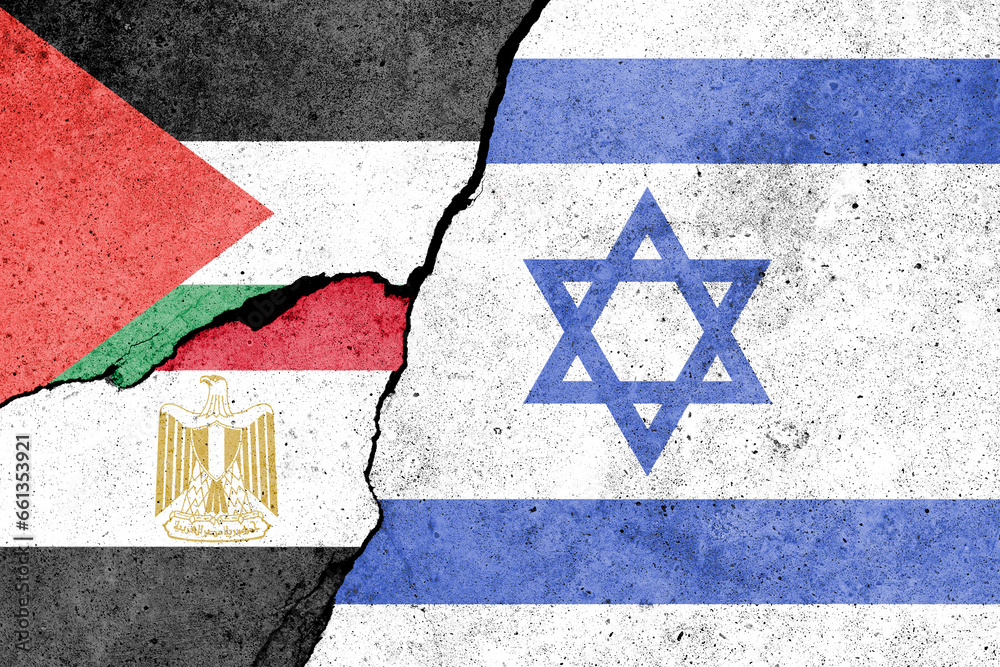 Flag of Palestine, Egypt and Israel on the cracked wall. Gaza and