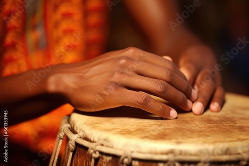 close up of fingertips beating on an african drum