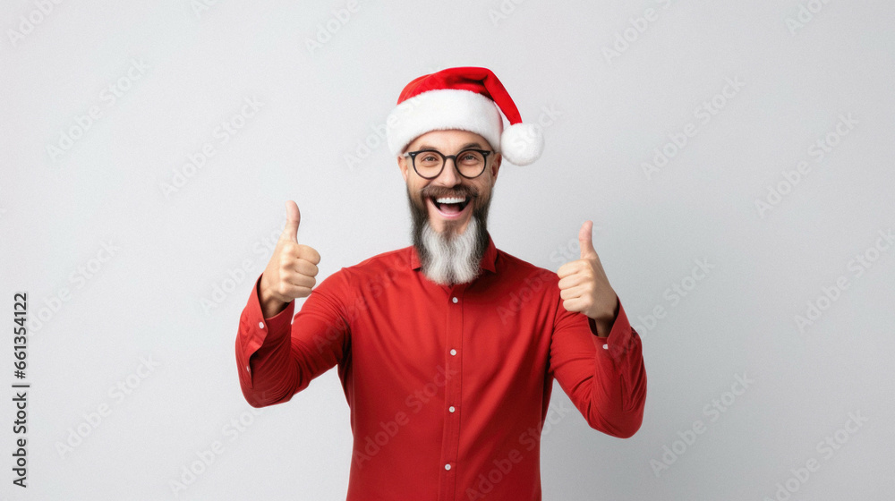 Happy man in santa hat showing thumbs up and smiling at camera.