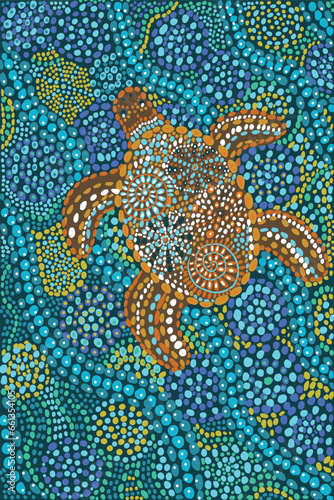 Turtle in the ocean indigenous art vector illustration. © galunga.art