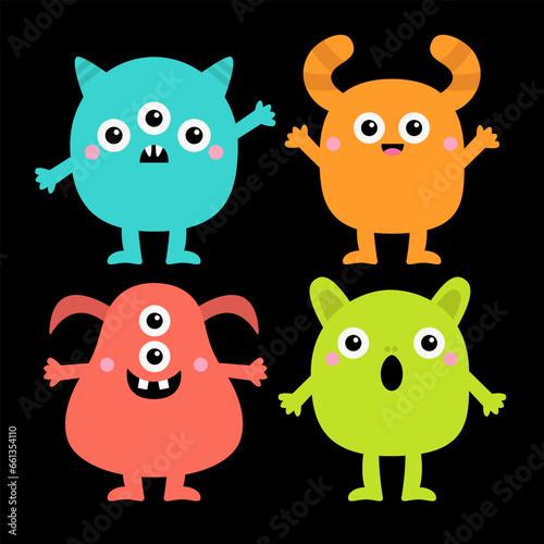 Happy Halloween. Cute monster set. Cartoon kawaii boo baby character. Colorful monsters with different emotions. Hands, legs. Funny face head. Childish collection. Black background. Flat design.