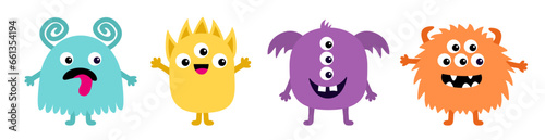 Monster set line banner. Happy Halloween. Colorful monsters with different emotions. Funny smiling face head. Cartoon kawaii boo childish baby character. Flat design. Black background.