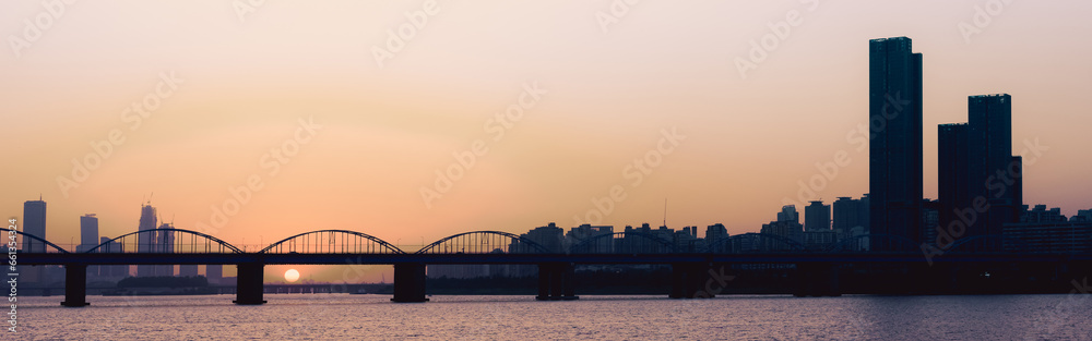 web banner sunset with silhouette city and bridge background at seoul korea web banner sunset with silhouette city and bridge background at seoul korea