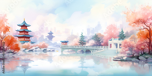 Watercolor illustration of china nature landscape Fototapeta