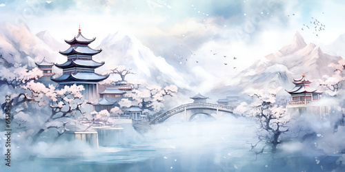 Watercolor illustration of china nature landscape in winter, with snow © TatjanaMeininger