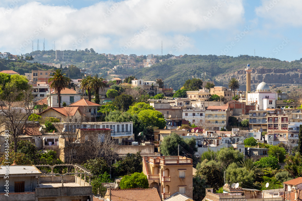 Algiers, Alger, Algeria, 04 10 2023 : Panoramic view of the northern districts of Algiers. Houses, mosque, green hill.