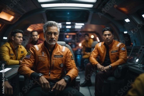 Crew inside the cabin of a spaceship sitting pose