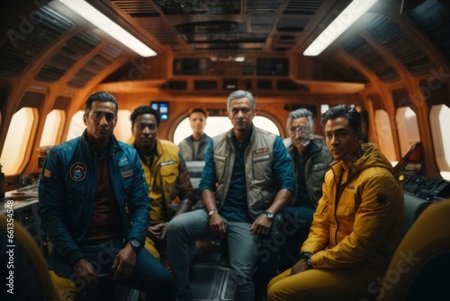 Crew inside the cabin of a spaceship sitting pose