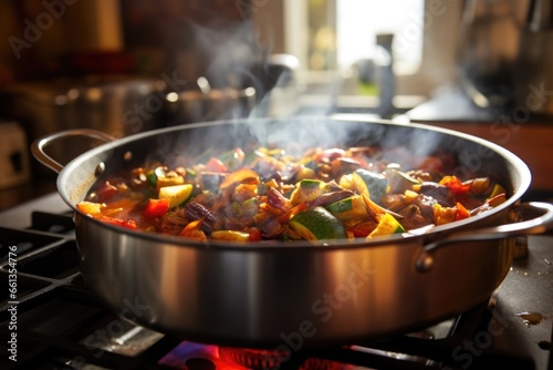 ratatouille on a stove-top, mid cook with steam