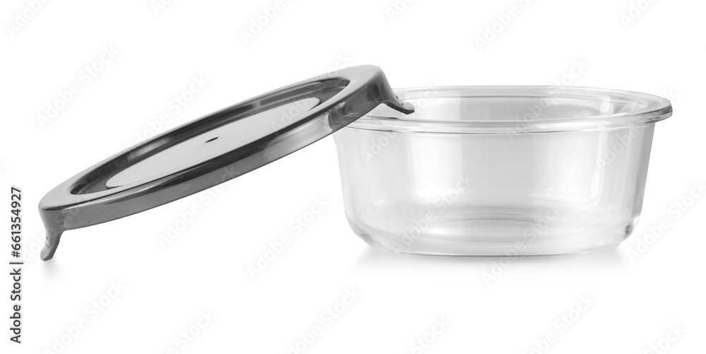 Glass food container with green plastic lid isolated on white