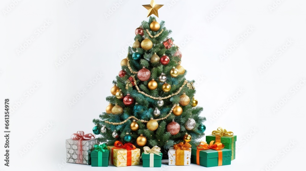 Merry Christmas, Green christmas tree and gift, Generative ai.